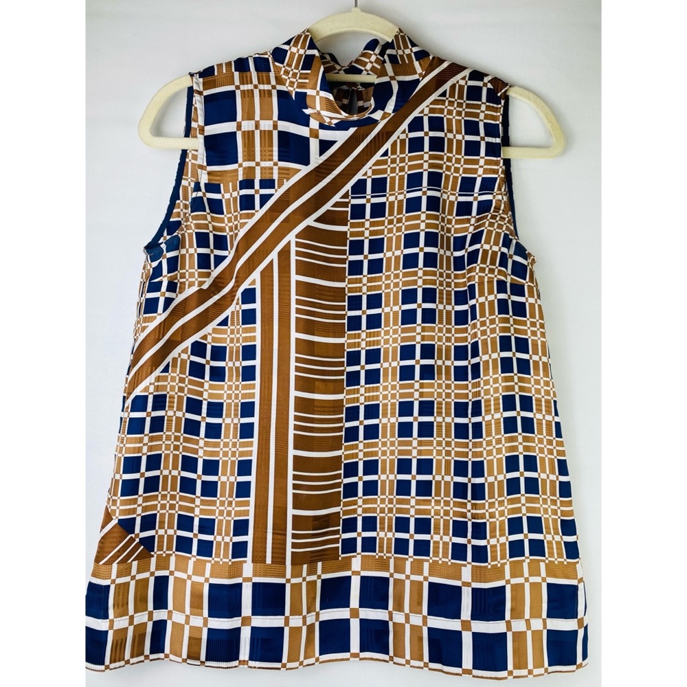 Lafayette 146 silk sleeveless plaid geometric top size Petite